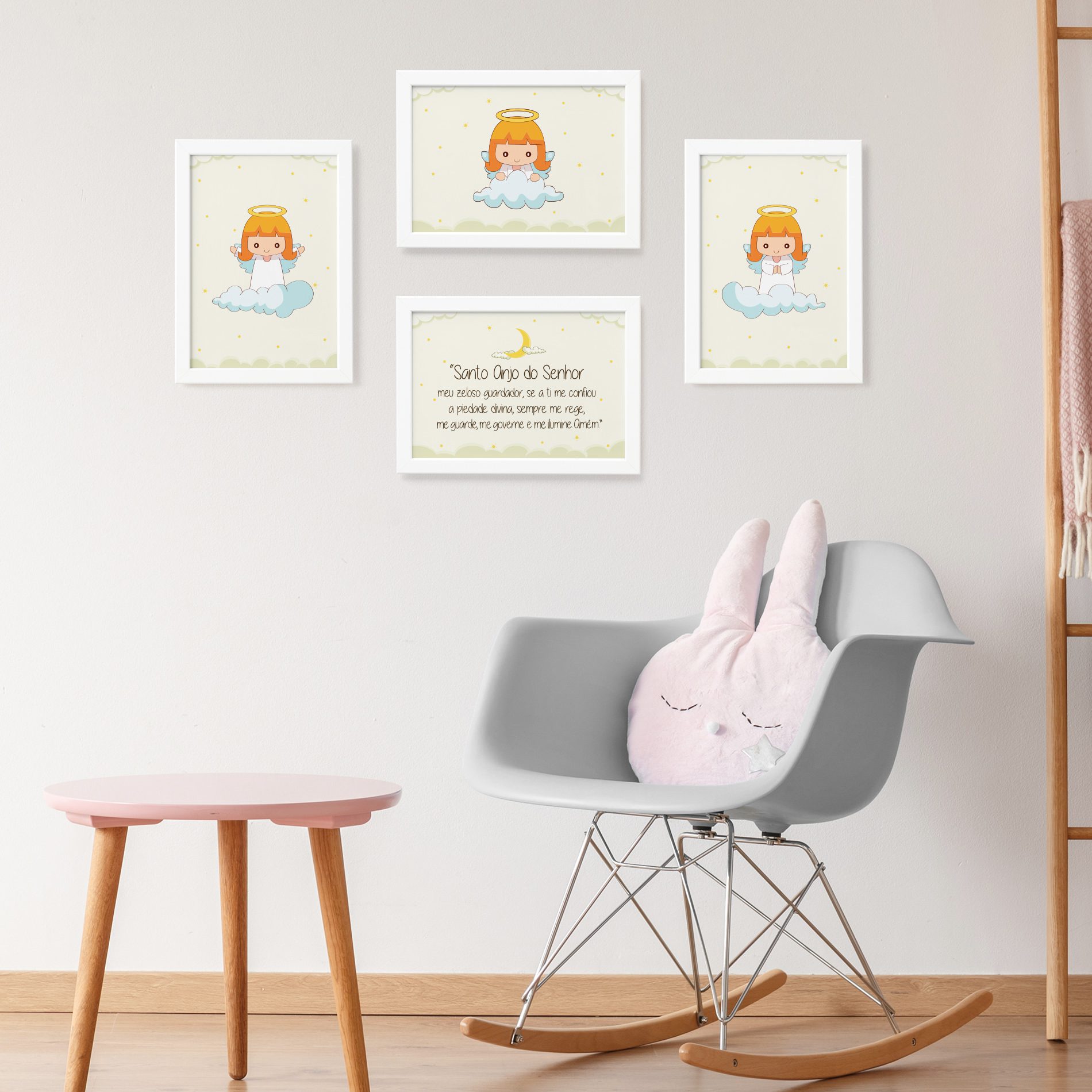 Quadros Anjos Guarda Amarelo Kit 4un Moldura Branca