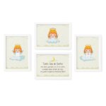 Quadros Anjos Guarda Amarelo Kit 4un Moldura Branca 33x43cm