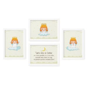 Quadros Anjos Guarda Amarelo Kit 4un Moldura Branca