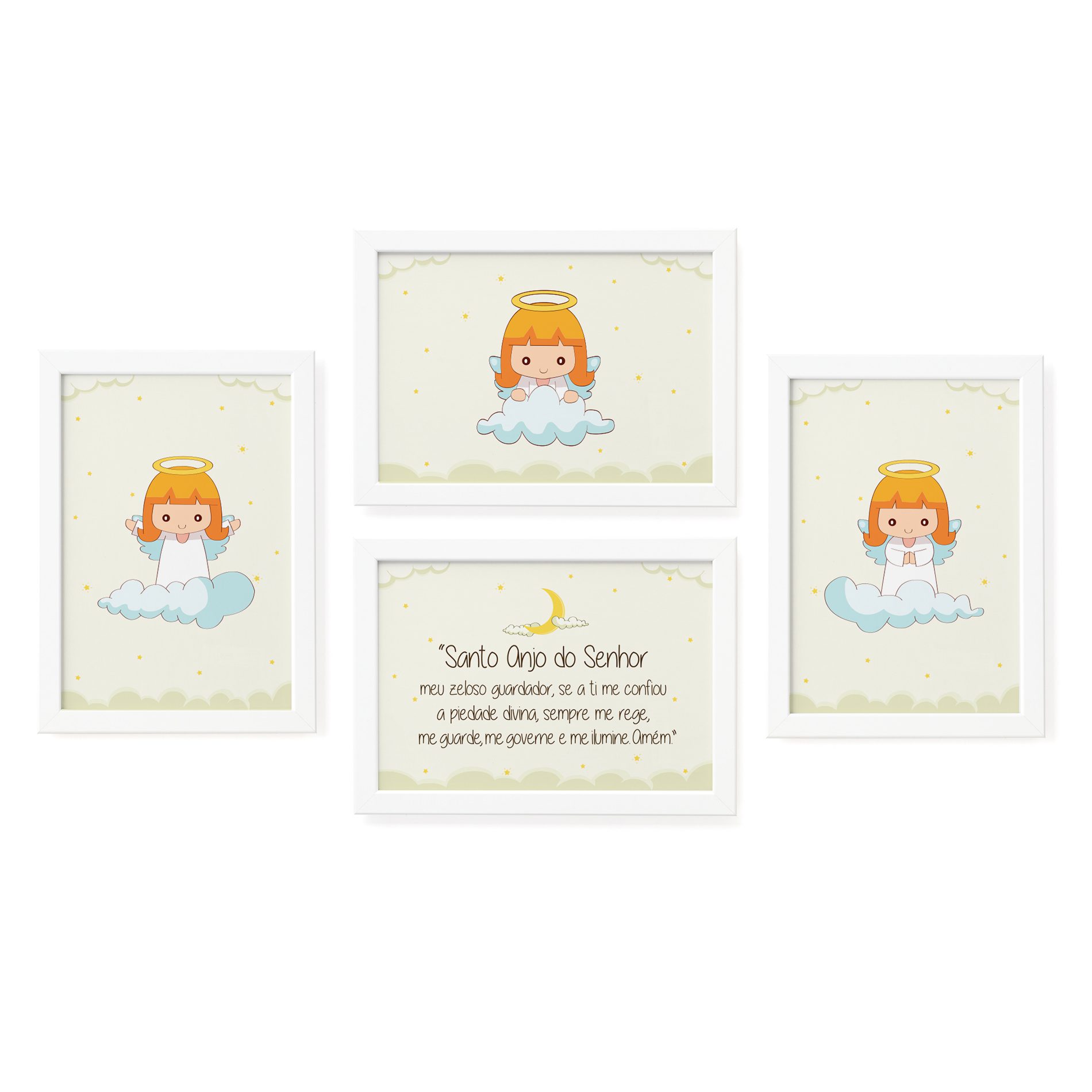 Quadros Anjos Guarda Amarelo Kit 4un Moldura Branca