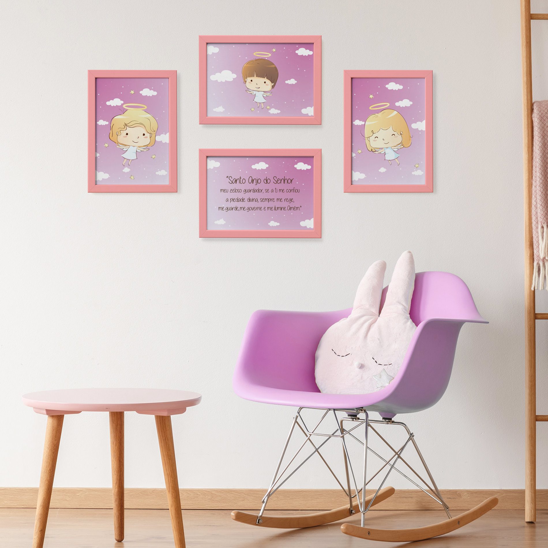 Quadros Anjos da Guarda Rosa Kit 4un Moldura Rosa