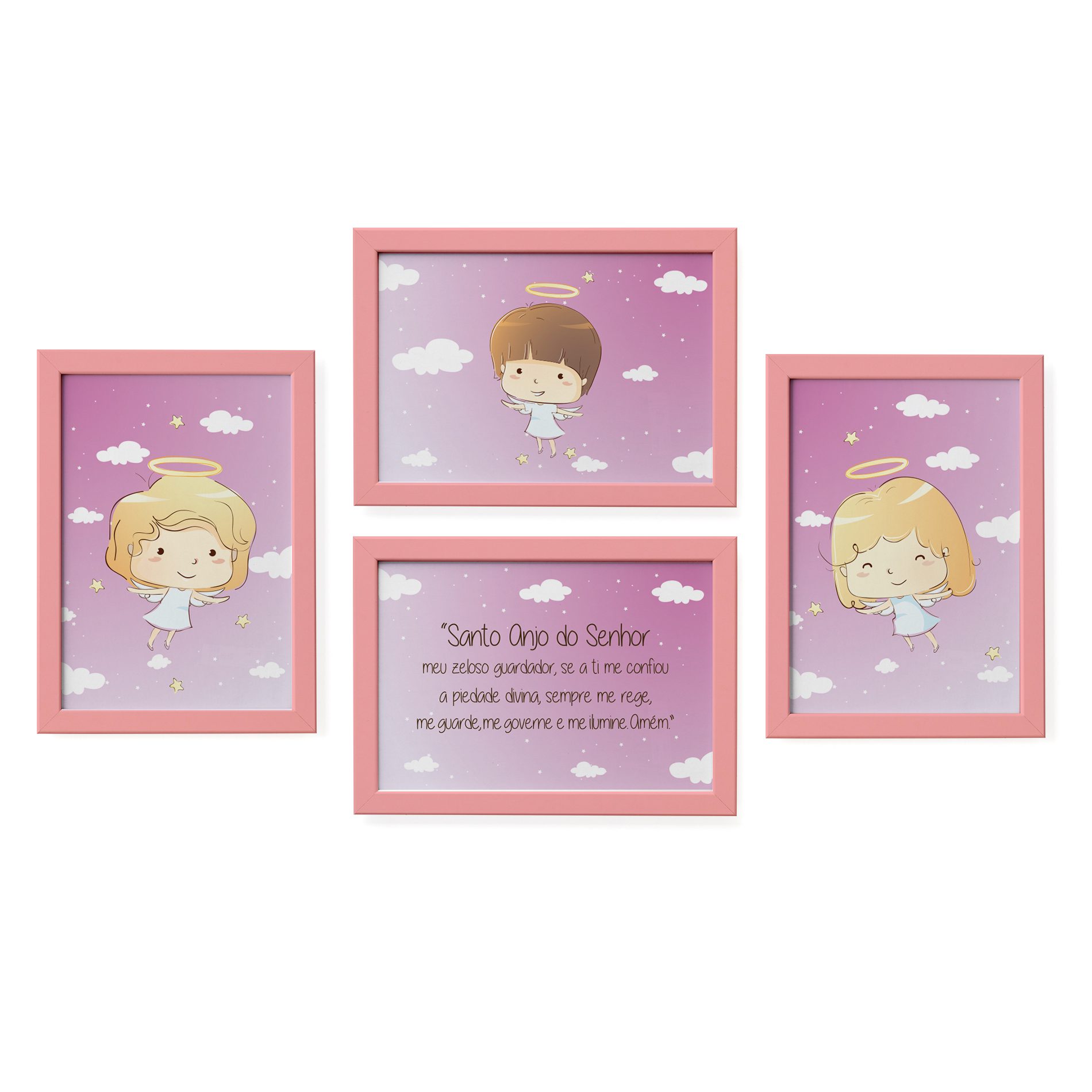 Quadros Anjos da Guarda Rosa Kit 4un Moldura Rosa