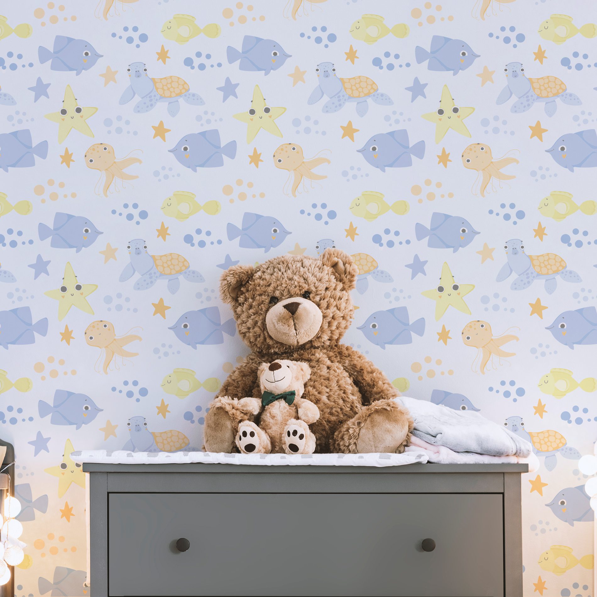 Papel de Parede Infantil Fundo do Mar Azul Laranja
