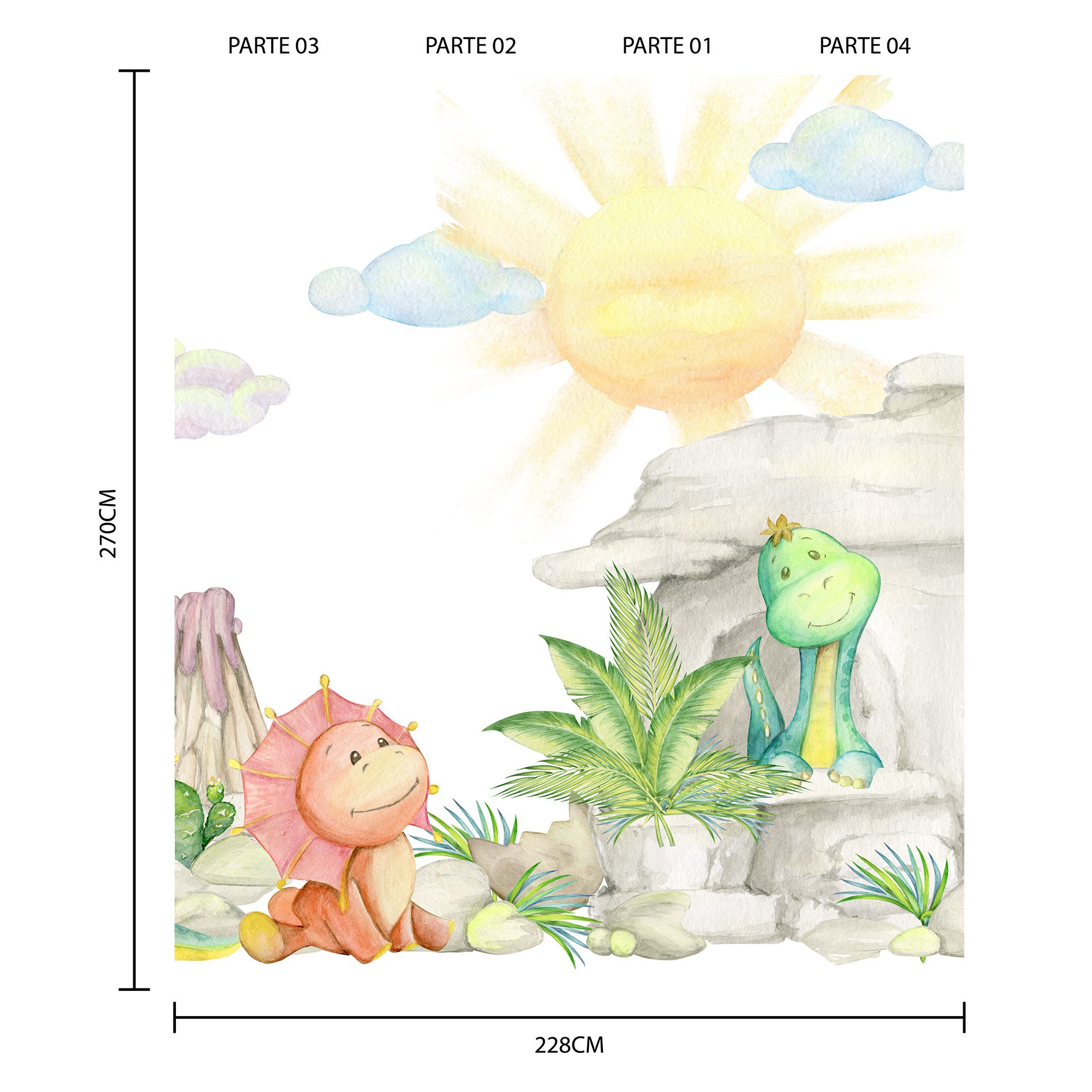 Papel de Parede Painel Dino Baby Aquarela