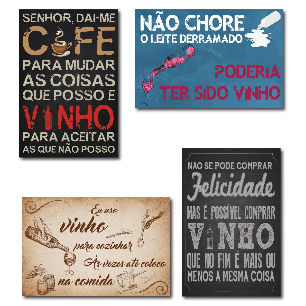 Placa Decorativa MDF Frases Vinho Kit 4un 20x30cm