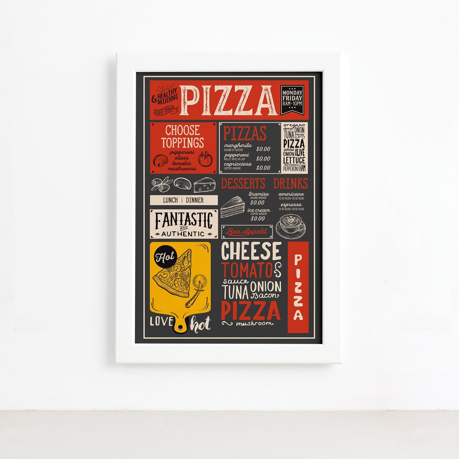 Quadro Frase Pizza Diversas Moldura Branca 22x32cm,Quadro Frase Pizza Diversas Moldura Branca 22x32cm