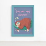 Quadro Infantil Preguiça Frase Sono Moldura Azul 22x32cm