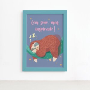 Quadro Infantil Preguiça Frase Sono Moldura Azul 22x32cm,Quadro Infantil Preguiça Frase Sono Moldura Azul 22x32cm