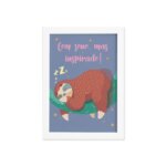 Quadro Infantil Preguiça Frase Sono Moldura Branca 33x43cm