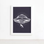 Quadro Espaço Sideral Disco Voador Moldura Branca 22x32cm