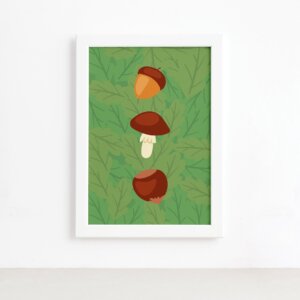 Quadro Infantil Esquilo Cogumelo Moldura Branca 22x32cm,Quadro Infantil Esquilo Cogumelo Moldura Branca 22x32cm