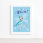Quadro Fadas e Flores Inverno Azul Moldura Branca 22x32cm
