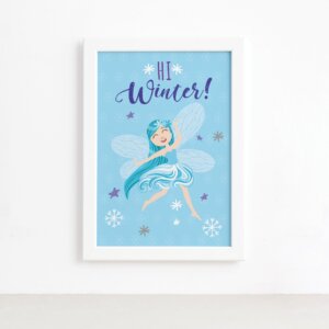 Quadro Fadas e Flores Inverno Azul Moldura Branca 22x32cm,Quadro Fadas e Flores Inverno Azul Moldura Branca 22x32cm