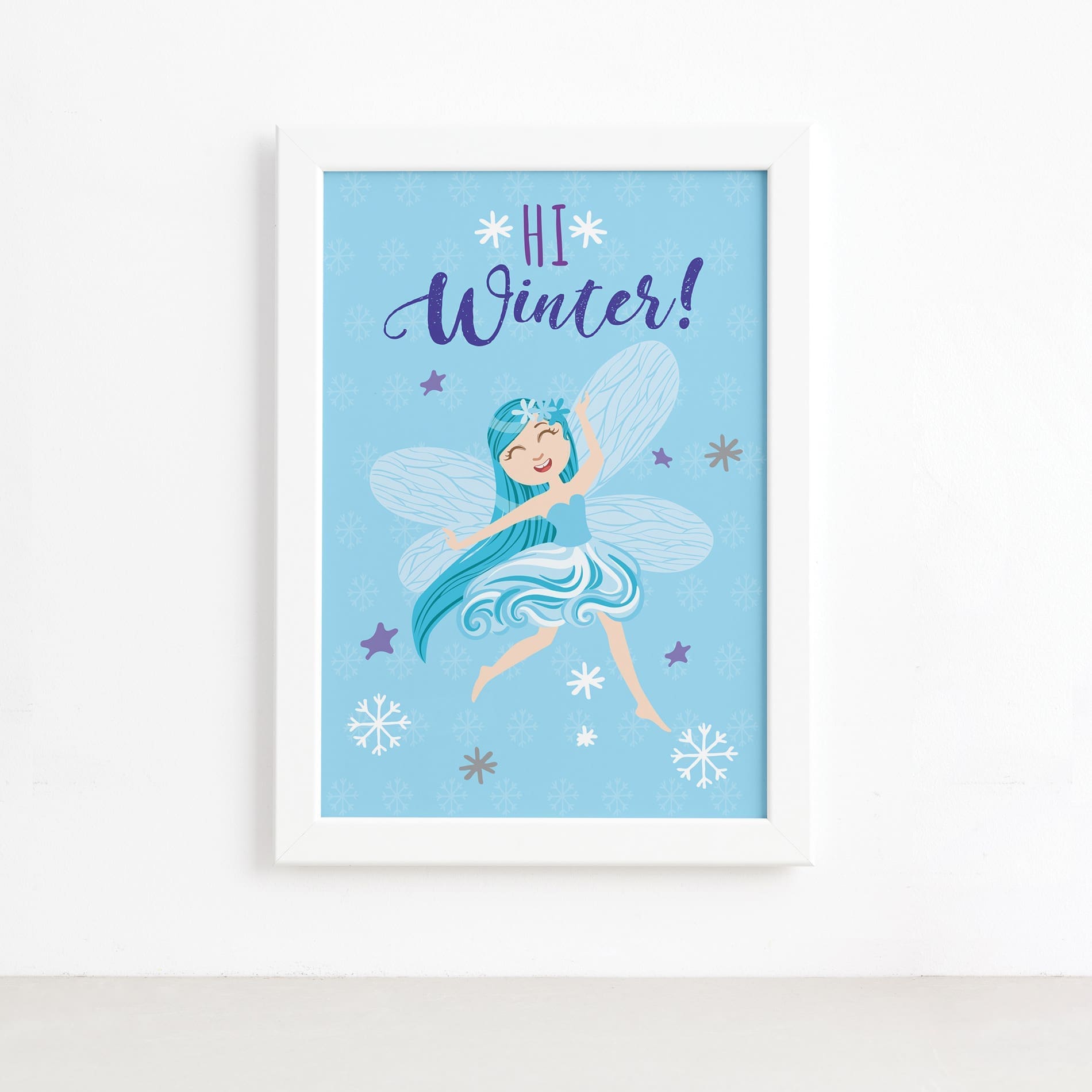 Quadro Fadas e Flores Inverno Azul Moldura Branca 22x32cm,Quadro Fadas e Flores Inverno Azul Moldura Branca 22x32cm