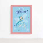 Quadro Fadas e Flores Inverno Azul Moldura Rosa 22x32cm