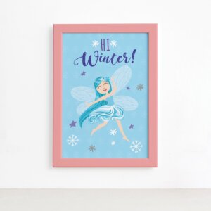 Quadro Fadas e Flores Inverno Azul Moldura Rosa 22x32cm,Quadro Fadas e Flores Inverno Azul Moldura Rosa 22x32cm