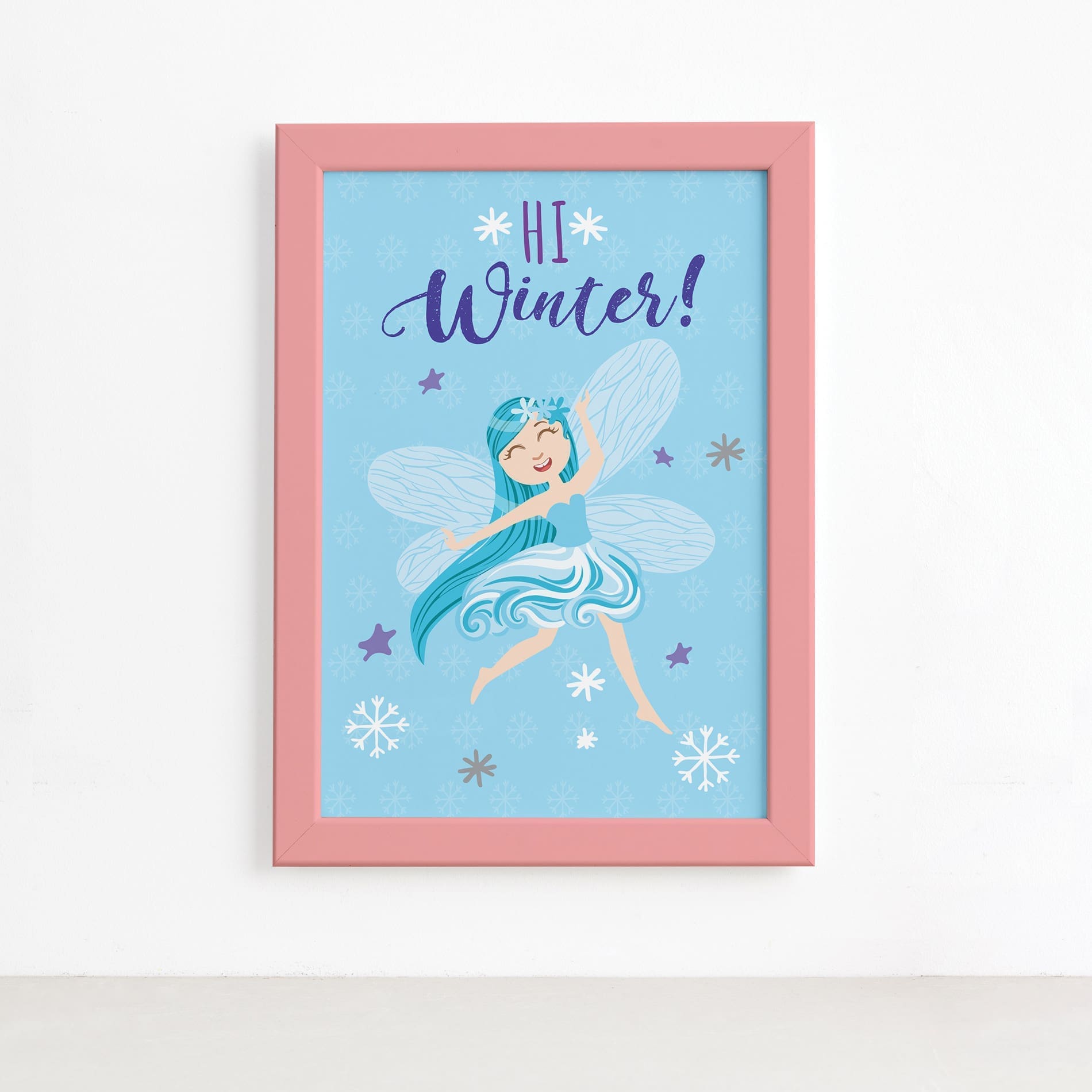 Quadro Fadas e Flores Inverno Azul Moldura Rosa 22x32cm,Quadro Fadas e Flores Inverno Azul Moldura Rosa 22x32cm