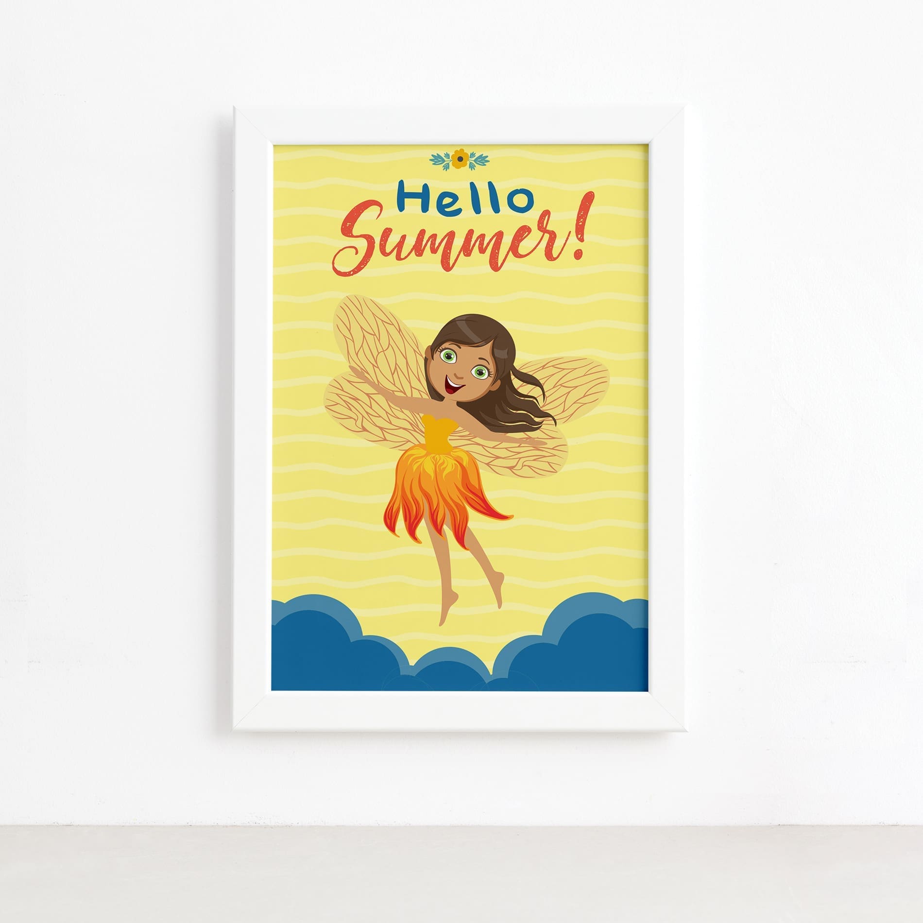 Quadro Fadas e Flores Verão Laranja Moldura Branca 22x32cm,Quadro Fadas e Flores Verão Laranja Moldura Branca 22x32cm