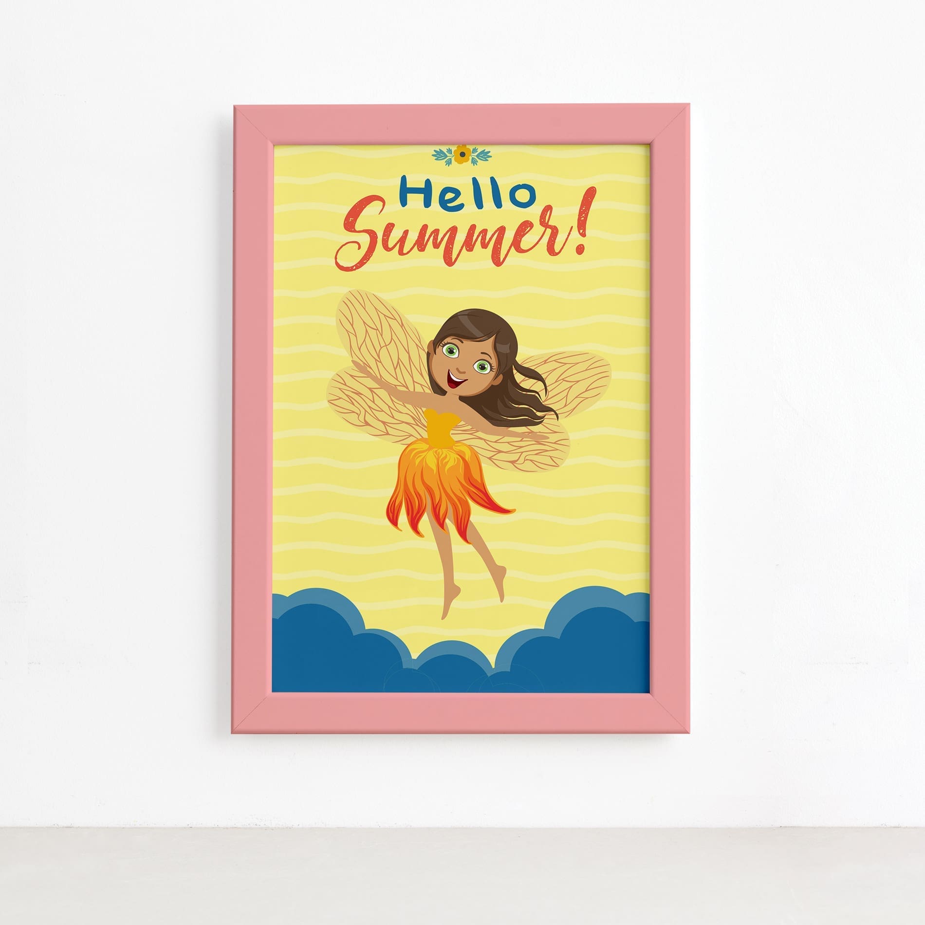 Quadro Fadas e Flores Verão Laranja Moldura Rosa 22x32cm,Quadro Fadas e Flores Verão Laranja Moldura Rosa 22x32cm