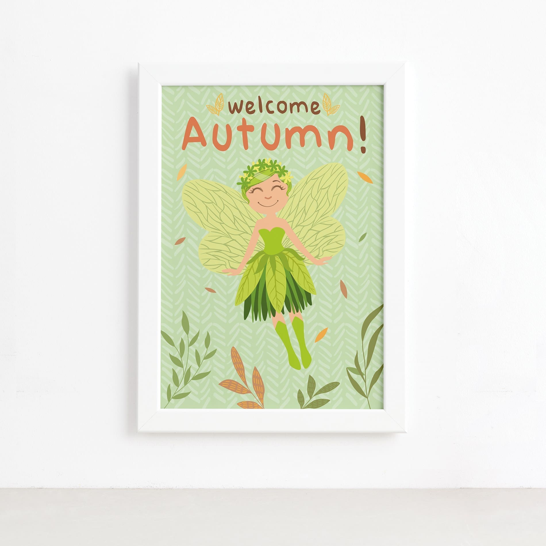 Quadro Fadas e Flores Outono Verde Moldura Branca 22x32cm,Quadro Fadas e Flores Outono Verde Moldura Branca 22x32cm