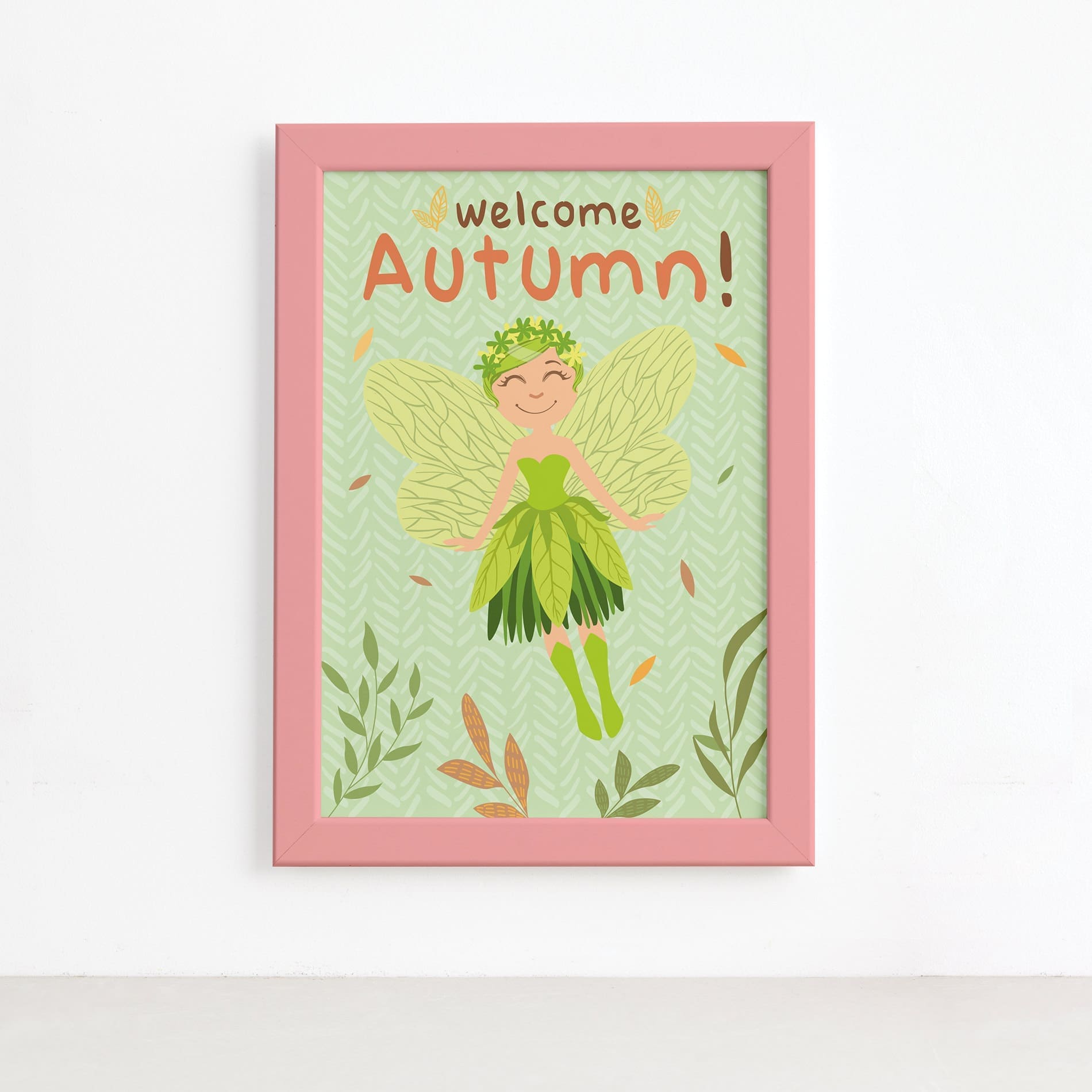 Quadro Fadas e Flores Outono Verde Moldura Rosa 22x32cm,Quadro Fadas e Flores Outono Verde Moldura Rosa 22x32cm