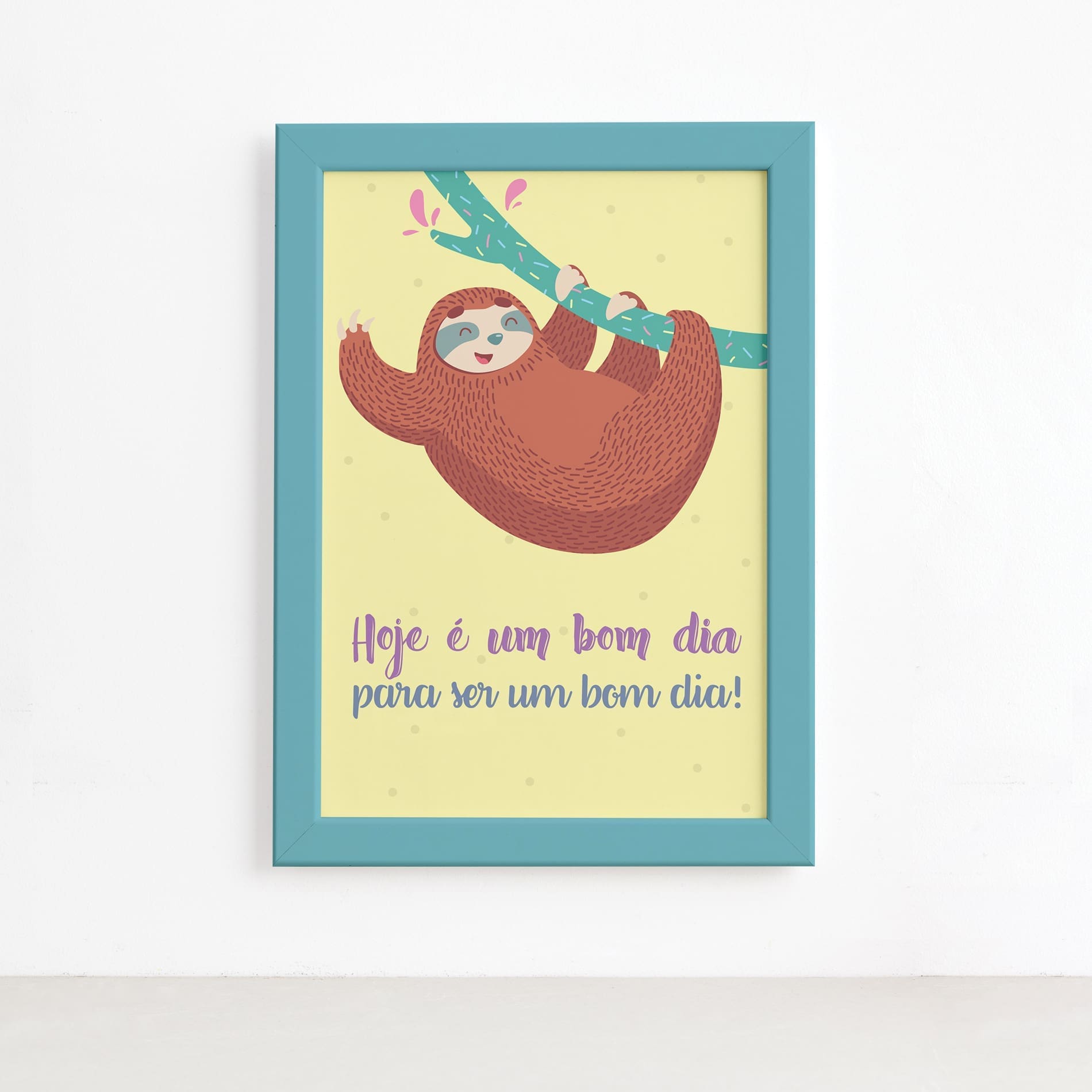 Quadro Infantil Bicho Preguiça Bom Dia Moldura Azul 22x32cm,Quadro Infantil Bicho Preguiça Bom Dia Moldura Azul 22x32cm