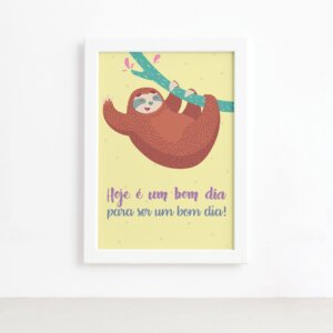 Quadro Infantil Bicho Preguiça Bom Dia Moldura Branca 22x32,Quadro Infantil Bicho Preguiça Bom Dia Moldura Branca 22x32