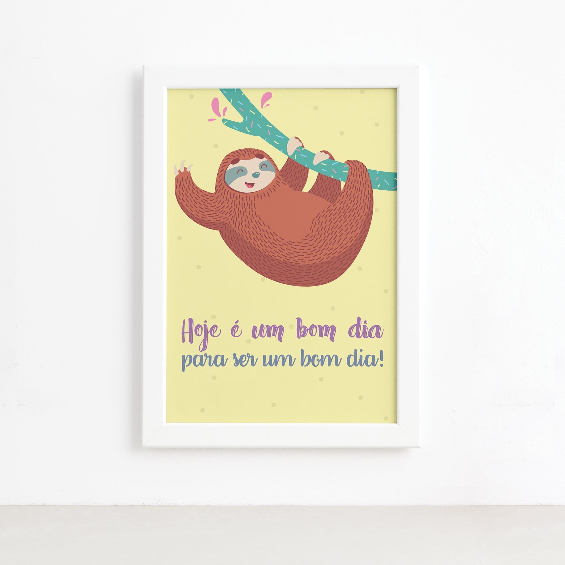 Quadro Infantil Bicho Preguiça Bom Dia Moldura Branca 22x32,Quadro Infantil Bicho Preguiça Bom Dia Moldura Branca 22x32