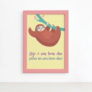 Quadro Infantil Bicho Preguiça Bom Dia Moldura Rosa 22x32,Quadro Infantil Bicho Preguiça Bom Dia Moldura Rosa 22x32