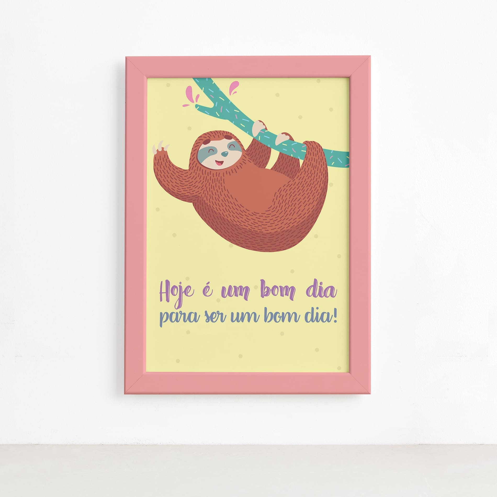Quadro Infantil Bicho Preguiça Bom Dia Moldura Rosa 22x32,Quadro Infantil Bicho Preguiça Bom Dia Moldura Rosa 22x32