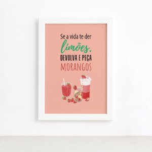 Quadro Frutas Cozinha Limões e Morangos Moldura Branca 22x32,Quadro Frutas Cozinha Limões e Morangos Moldura Branca 22x32