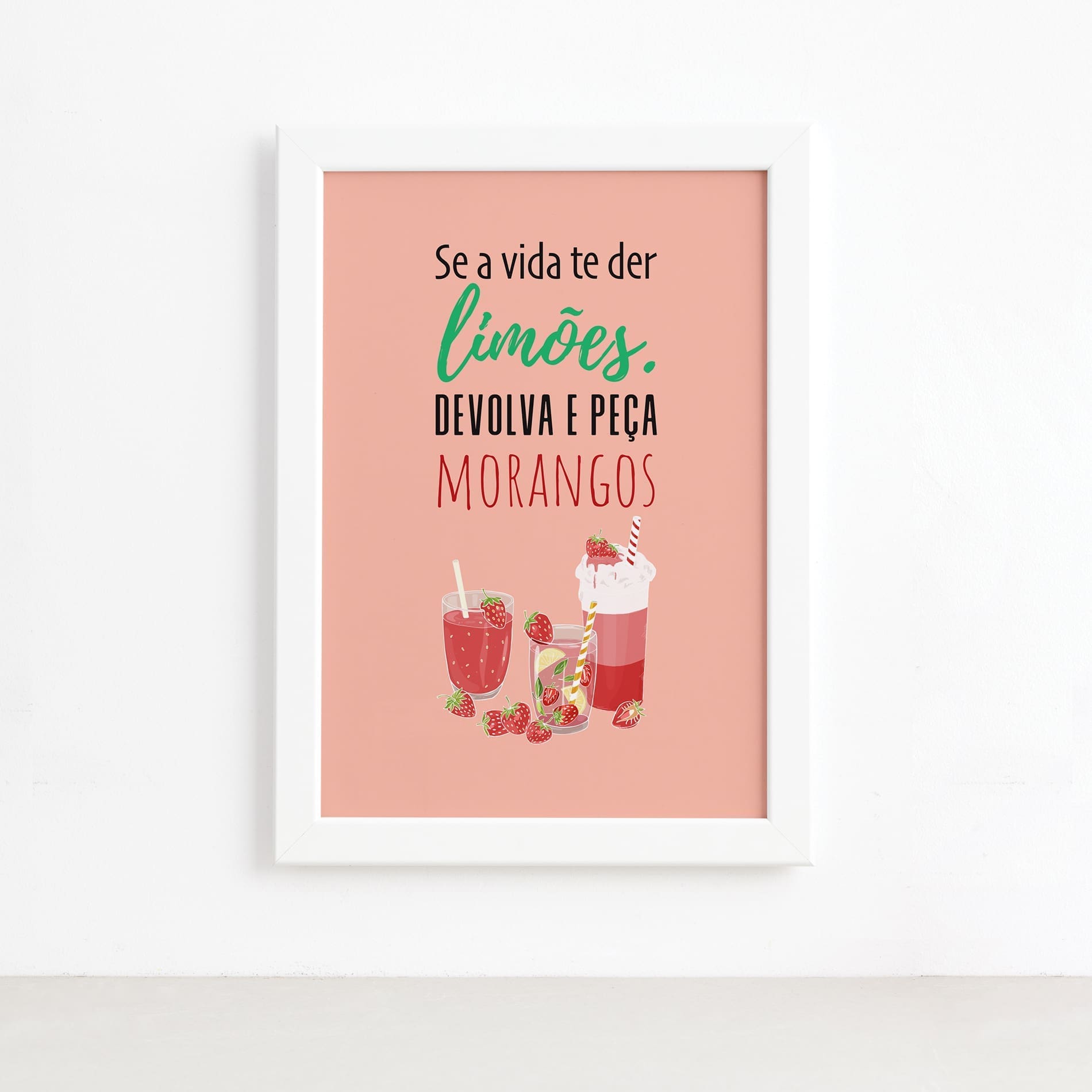 Quadro Frutas Cozinha Limões e Morangos Moldura Branca 22x32,Quadro Frutas Cozinha Limões e Morangos Moldura Branca 22x32