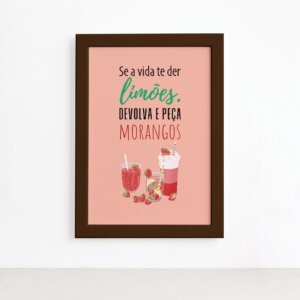 Quadro Frutas Cozinha Limões e Morangos Moldura Marrom 22x32,Quadro Frutas Cozinha Limões e Morangos Moldura Marrom 22x32