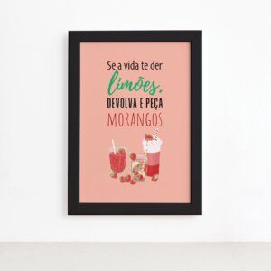 Quadro Frutas Cozinha Limões e Morangos Moldura Preta 22x32,Quadro Frutas Cozinha Limões e Morangos Moldura Preta 22x32