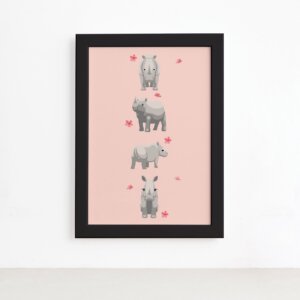 Quadro Infantil Rinoceronte Quarteto Moldura Preta 22x32cm,Quadro Infantil Rinoceronte Quarteto Moldura Preta 22x32cm