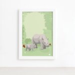 Quadro Infantil Rinoceronte Família Moldura Branca 22x32cm