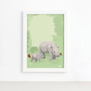 Quadro Infantil Rinoceronte Família Moldura Branca 22x32cm,Quadro Infantil Rinoceronte Família Moldura Branca 22x32cm
