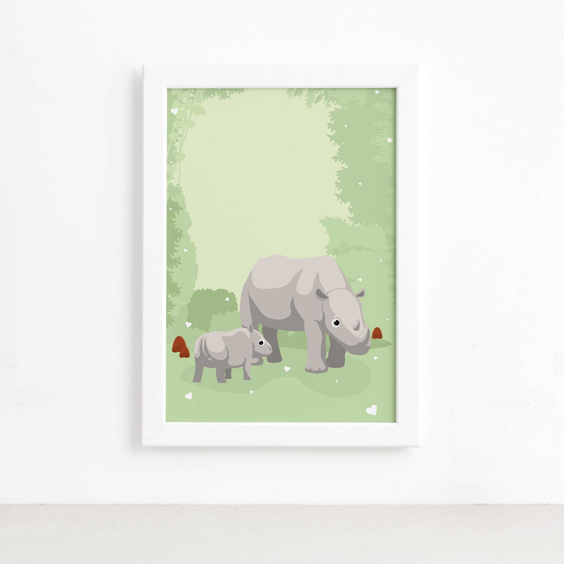 Quadro Infantil Rinoceronte Família Moldura Branca 22x32cm,Quadro Infantil Rinoceronte Família Moldura Branca 22x32cm