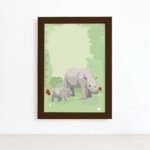 Quadro Infantil Rinoceronte Família Moldura Marrom 22x32cm