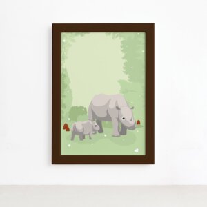 Quadro Infantil Rinoceronte Família Moldura Marrom 22x32cm,Quadro Infantil Rinoceronte Família Moldura Marrom 22x32cm