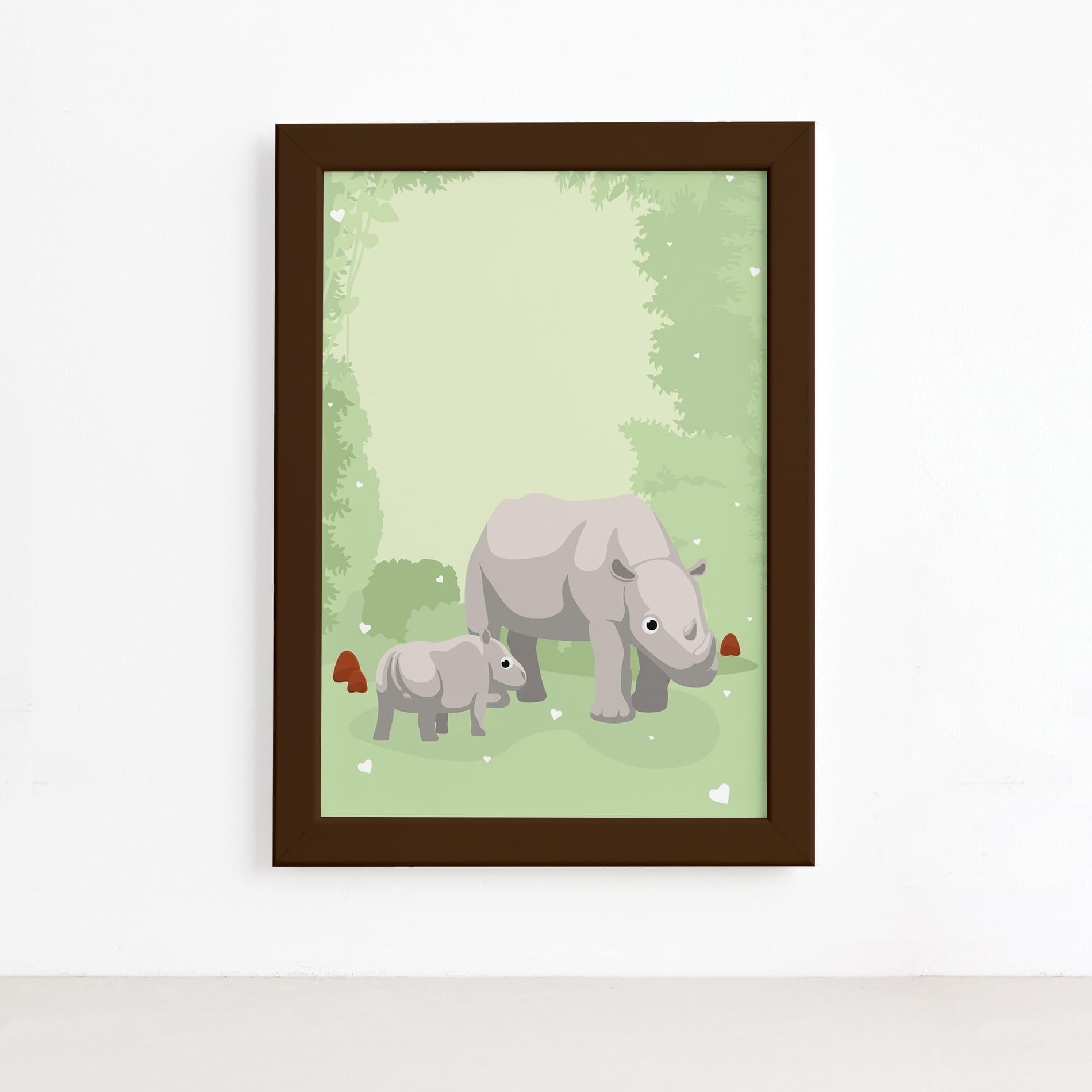 Quadro Infantil Rinoceronte Família Moldura Marrom 22x32cm,Quadro Infantil Rinoceronte Família Moldura Marrom 22x32cm