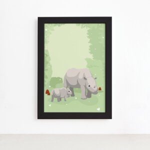 Quadro Infantil Rinoceronte Família Moldura Preta 22x32cm,Quadro Infantil Rinoceronte Família Moldura Preta 22x32cm