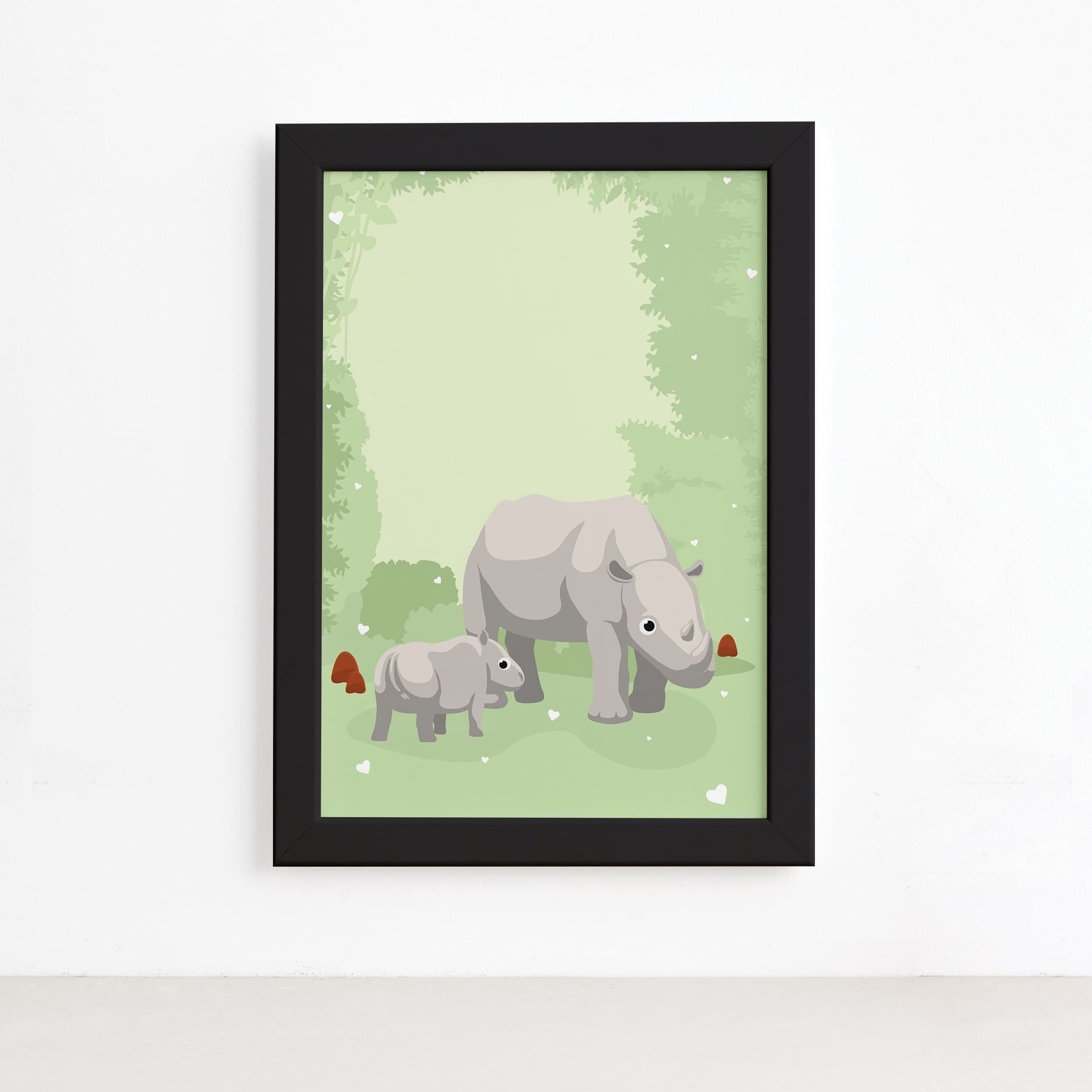Quadro Infantil Rinoceronte Família Moldura Preta 22x32cm,Quadro Infantil Rinoceronte Família Moldura Preta 22x32cm