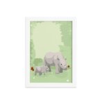Quadro Infantil Rinoceronte Família Moldura Branca 33x43cm
