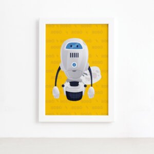 Quadro Infantil Robô Amarelo Moldura Branca 22x32cm,Quadro Infantil Robô Amarelo Moldura Branca 22x32cm
