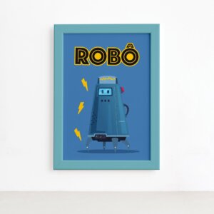 Quadro Infantil Robô Azul Moldura Azul 22x32cm,Quadro Infantil Robô Azul Moldura Azul 22x32cm
