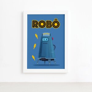 Quadro Infantil Robô Azul Moldura Branca 22x32cm,Quadro Infantil Robô Azul Moldura Branca 22x32cm