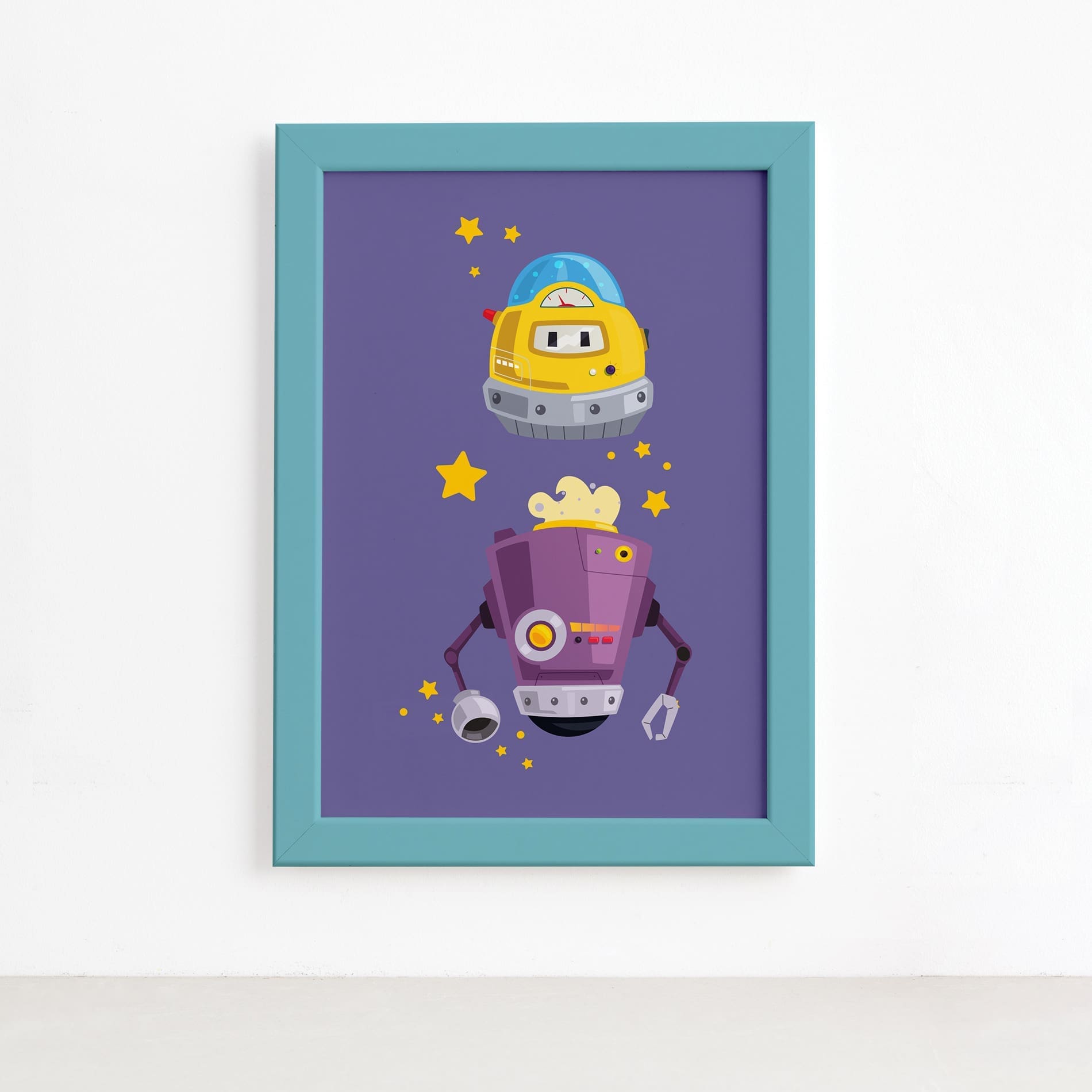 Quadro Infantil Robôs Amigos Moldura Azul 22x32cm,Quadro Infantil Robôs Amigos Moldura Azul 22x32cm