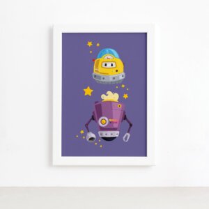 Quadro Infantil Robôs Amigos Moldura Branca 22x32cm,Quadro Infantil Robôs Amigos Moldura Branca 22x32cm