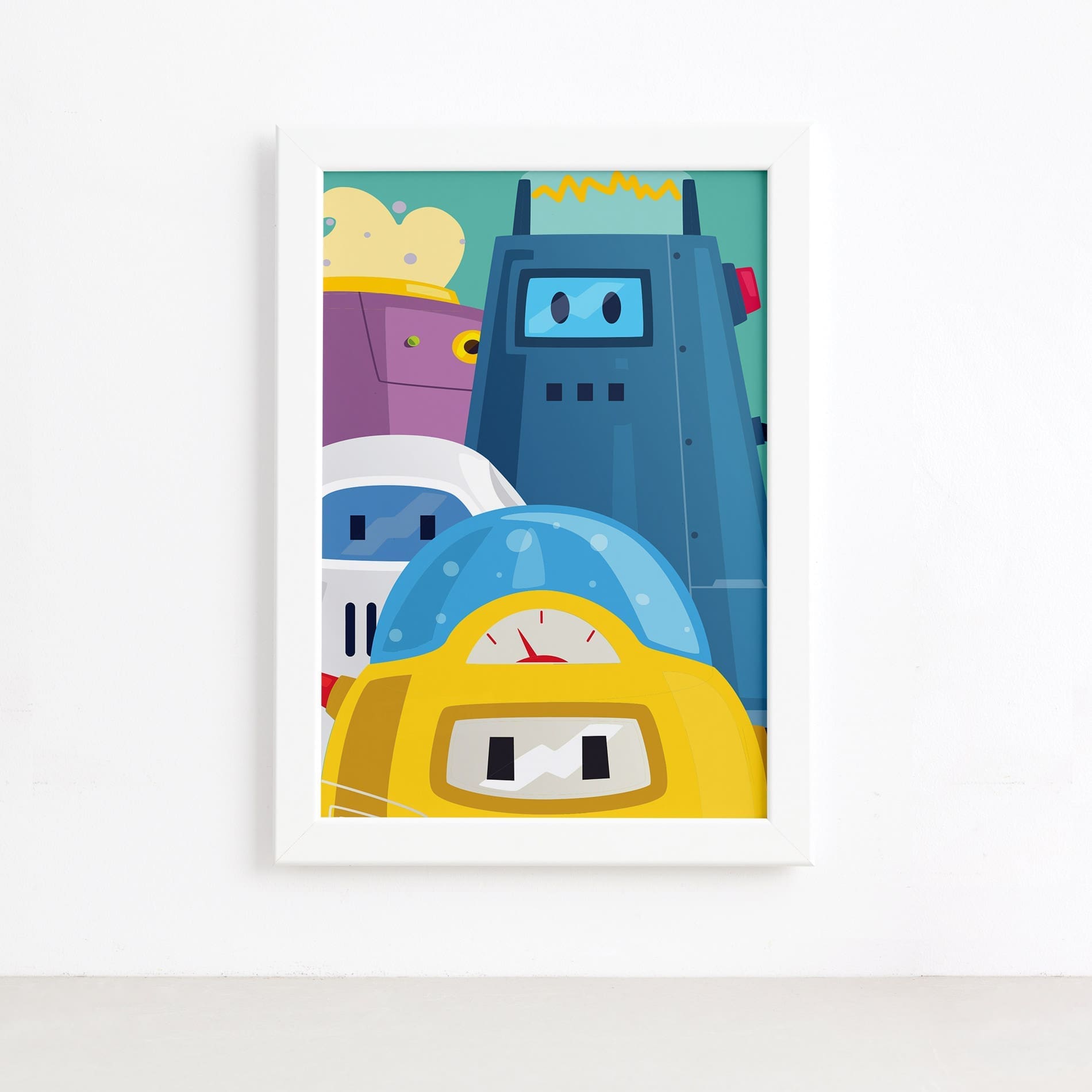 Quadro Infantil Robôs Moldura Branca 22x32cm,Quadro Infantil Robôs Moldura Branca 22x32cm